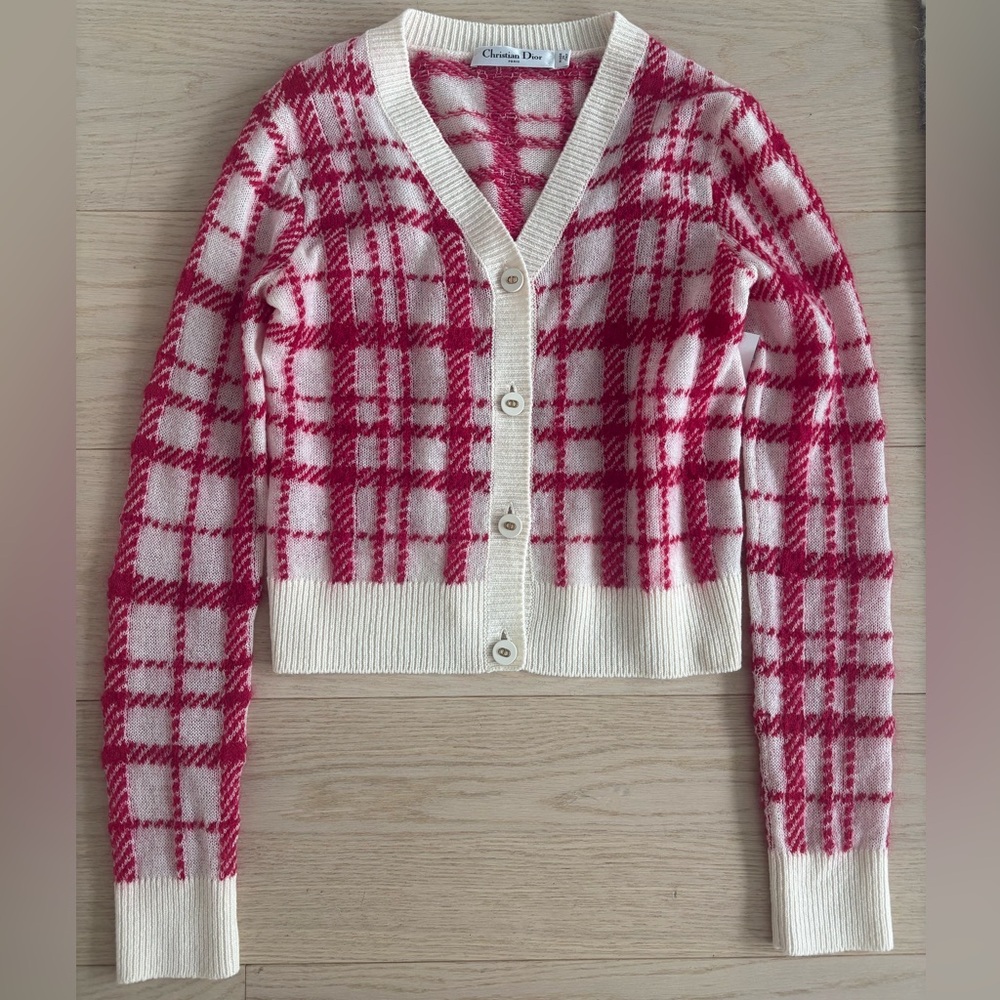 Christian Dior Pink and White Gingham Cardigan